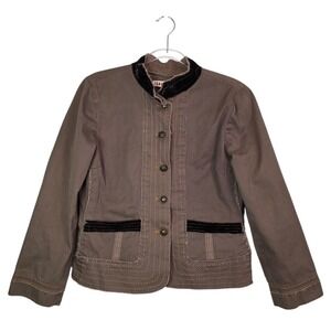 JOHNNY WAS Size L Military Jacket Brown Cotton Velvet Trim Star Button Distress